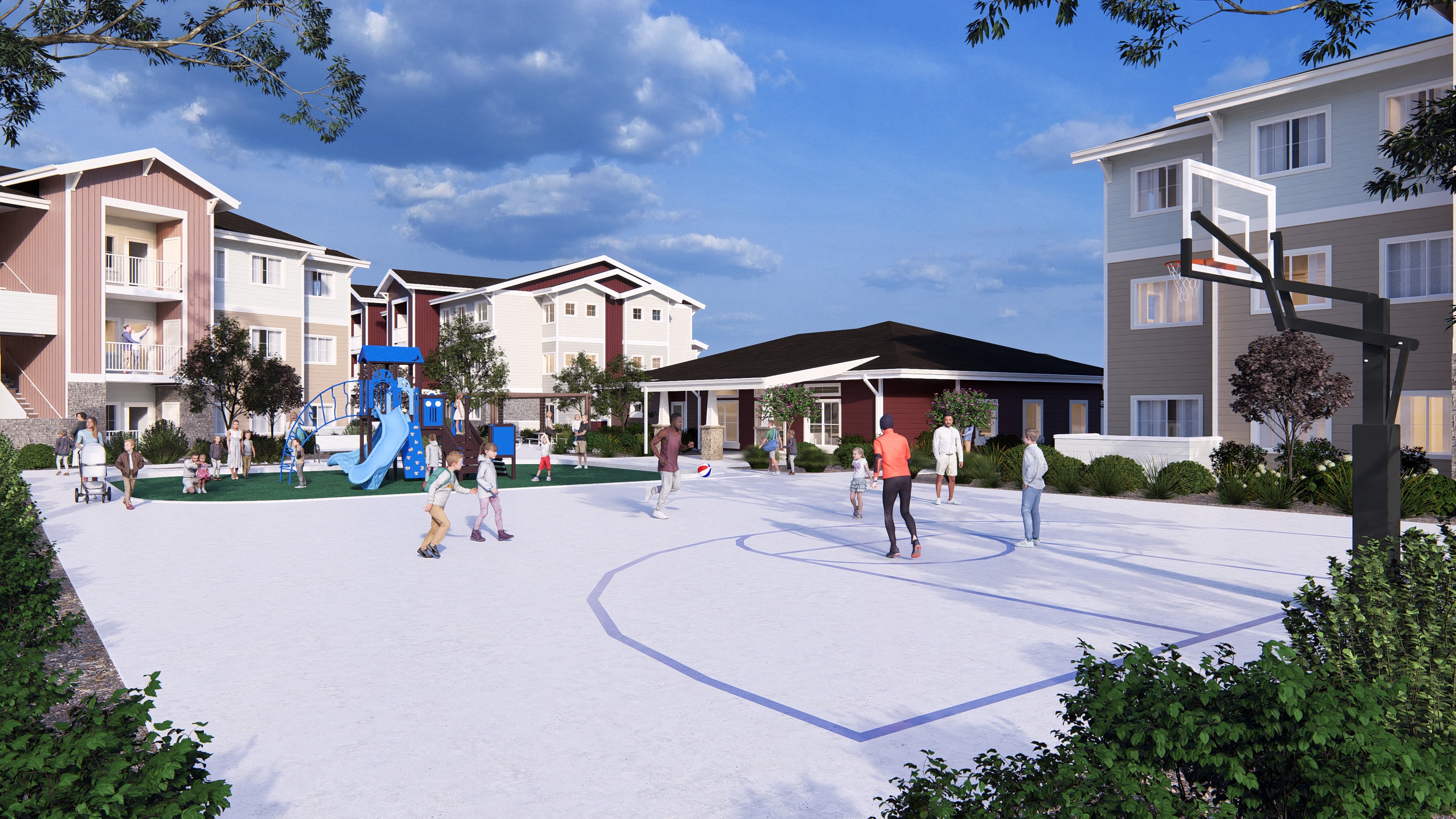 a rendering of a basketball court in the middle of an apartment complex with people playing